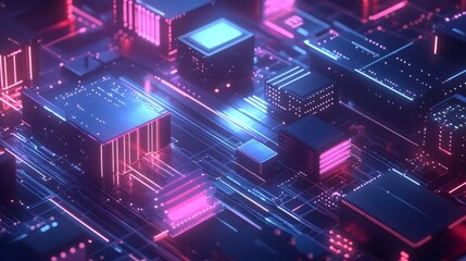 Abstract Futuristic Circuit Board with Glowing Pink and Blue Neon Lights