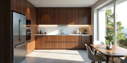 Sleek cabinetry, marble countertops, stainless steel appliances, modern design, lighting