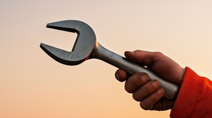 Close up Weathered Hand Holding Metallic Wrench at Sunset