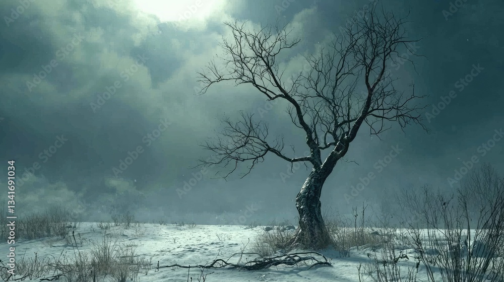 Poster a bare tree in the middle of a snowy field, with no leaves on its branches