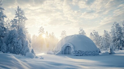 A delicate dome shaped house made up of snow blocks, with bright sunlight and peaceful winter scenery amidst the snowy landscape, highly detailed and realistic