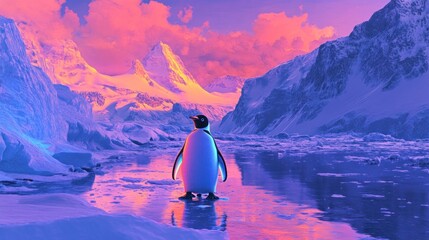 Neon penguin waddling on glacial ice against pastel colored mountain landscape backdrop