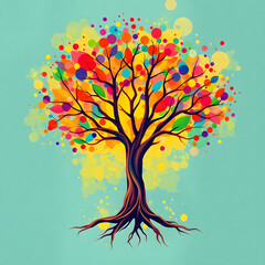 Naklejka premium Wallpaper design a bright, vibrant tree of life illustration in abstract art style, creating a lively and energetic abstract background scene art illustration design