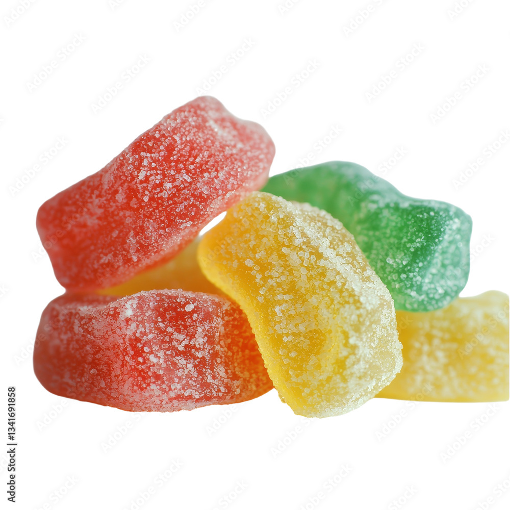 Poster vibrant gummy worms are stacked alone on a see-through background, created by generative ai