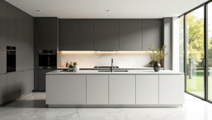 Sleek minimalist kitchen, marble counters, stainless steel appliances, metal, countertops
