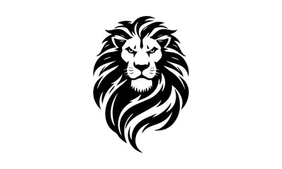 Lion logo template. Black and white silhouette of a lion's head with a detailed mane. Symmetrical logo symbolizing strength, leadership and power