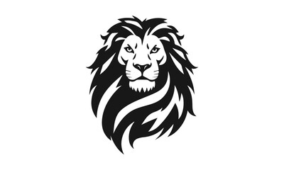 Lion logo template. Black and white silhouette of a lion's head with a detailed mane. Symmetrical logo symbolizing strength, leadership and power