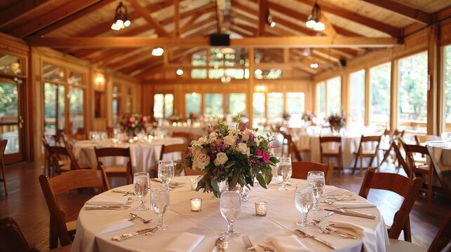 A beautifully decorated wedding reception hall with round tables and floral centerpieces. 