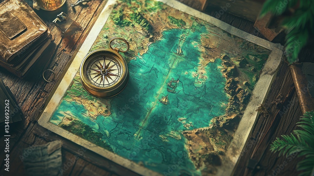 Poster A bird's-eye view of a detailed map with a compass placed in the corner for navigation. 