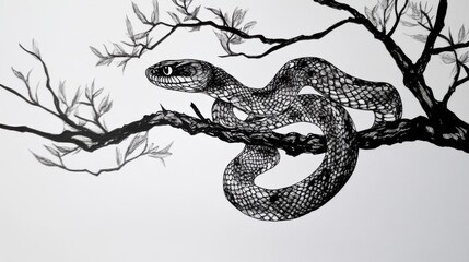Obraz premium A snake coiled on a tree branch with leaves above