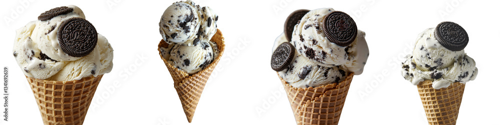 Aufkleber Scoops of ice cream in an isolated cone on transparent background, produced using Generative Ai