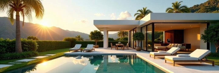 Sleek modern home, sun-drenched patio, solar panels installed, real estate, design
