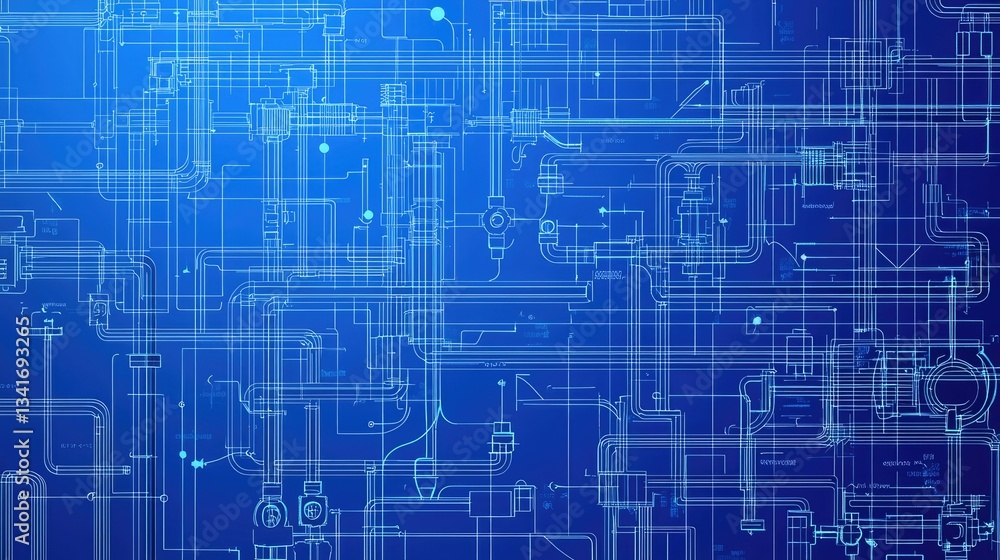 Poster a blueprint-style vector of a plumbing system layout.