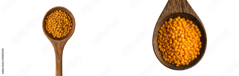 Poster a top view shows uncooked yellow lentils piled in a wooden spoon, with the spoon isolated on a plain