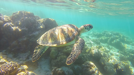 Obraz premium A sea turtle swimming close to a rocky ocean floor, with a clear view of its patterned shell and the natural marine environment.
