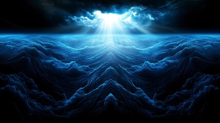 Dramatic Dark Blue Pixelated Waves Under a Bright Light Sky