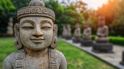 Fototapeta premium A serene stone statue of a Buddha with a soft smile, set in a lush garden, surrounded by other figures and bathed in warm sunlight.