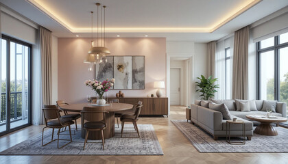 Spacious Modern Dining Room with Pastel Walls and Elegant Furnishings. Generative Ai