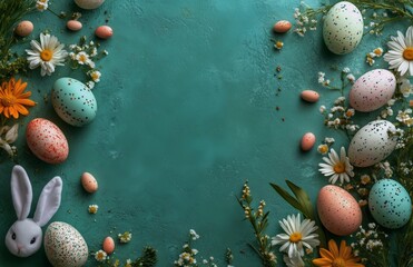 Obraz premium Colorful Easter Eggs and Spring Flowers Arranged on a Teal Background for Festive Decoration