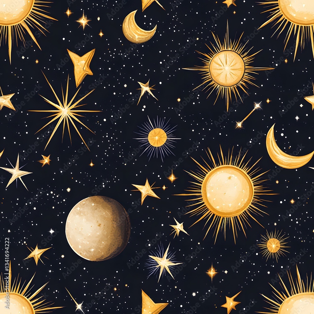 Poster a seamless pattern of starry constellations with glowing celestial elements.