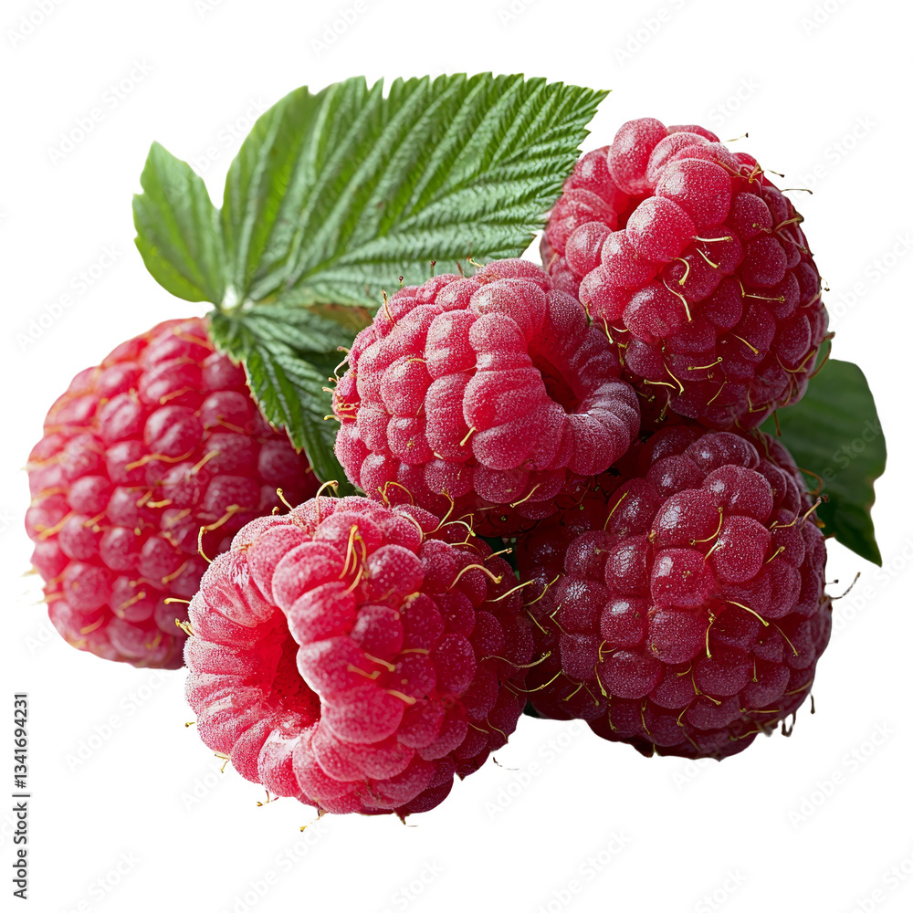 Poster Raspberries accompanied by leaves are set against a transparent backdrop, created using Generative Ai