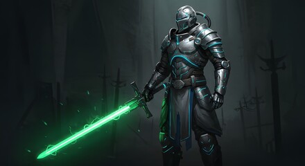 Naklejka premium Cyberpunk Knight with Glowing Green Sword in Dark, Dramatic Fantasy Scene