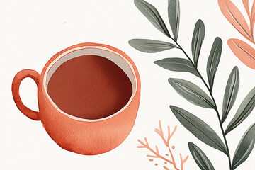 A warm orange cup filled with coffee surrounded by delicate green and pink foliage
