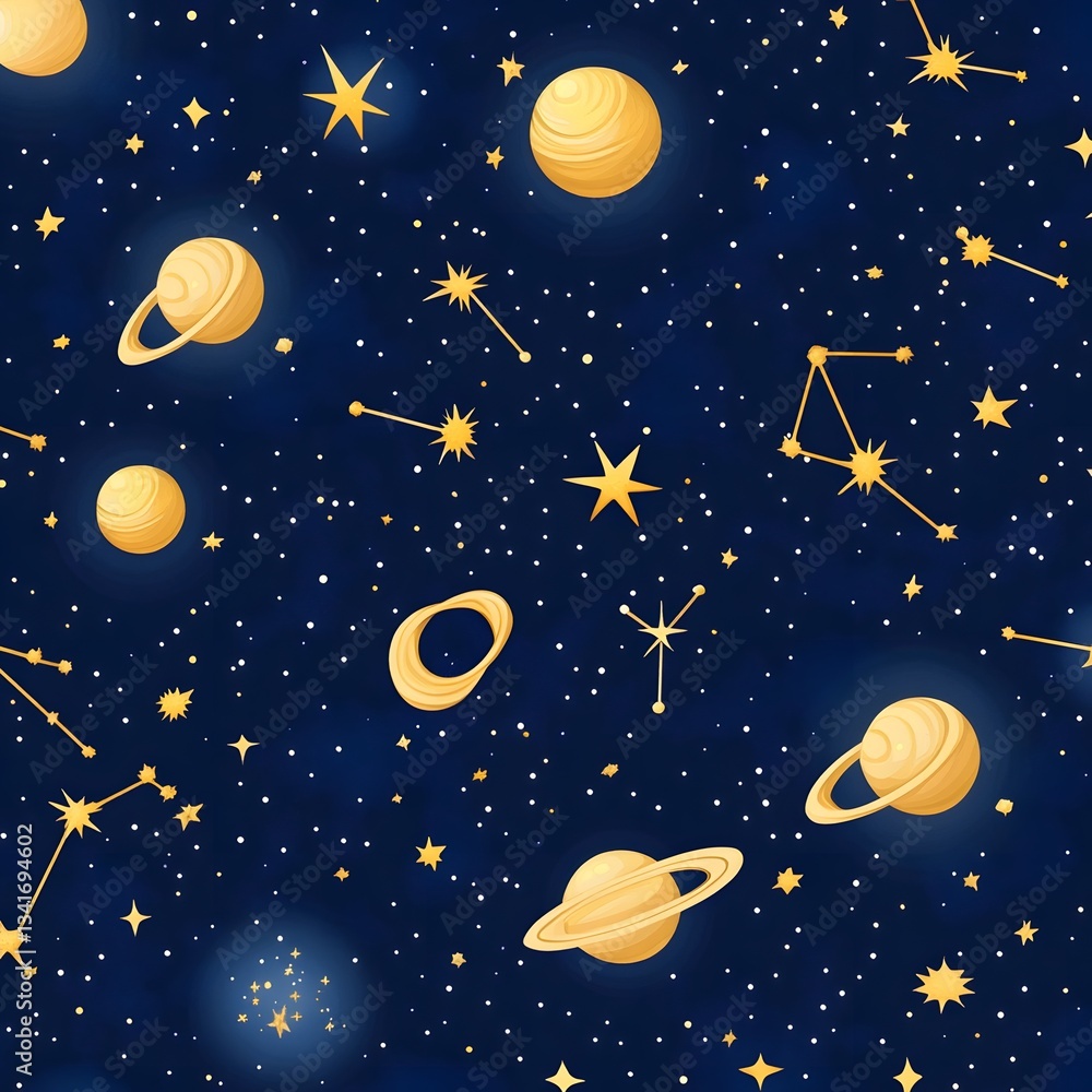 Poster a seamless pattern of starry constellations with glowing celestial elements.