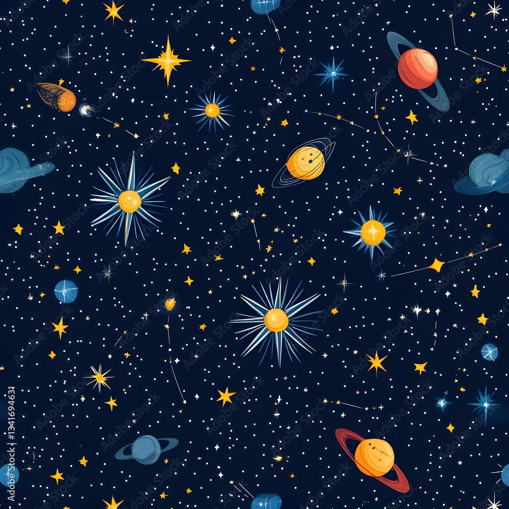 Poster a seamless pattern of starry constellations with glowing celestial elements.
