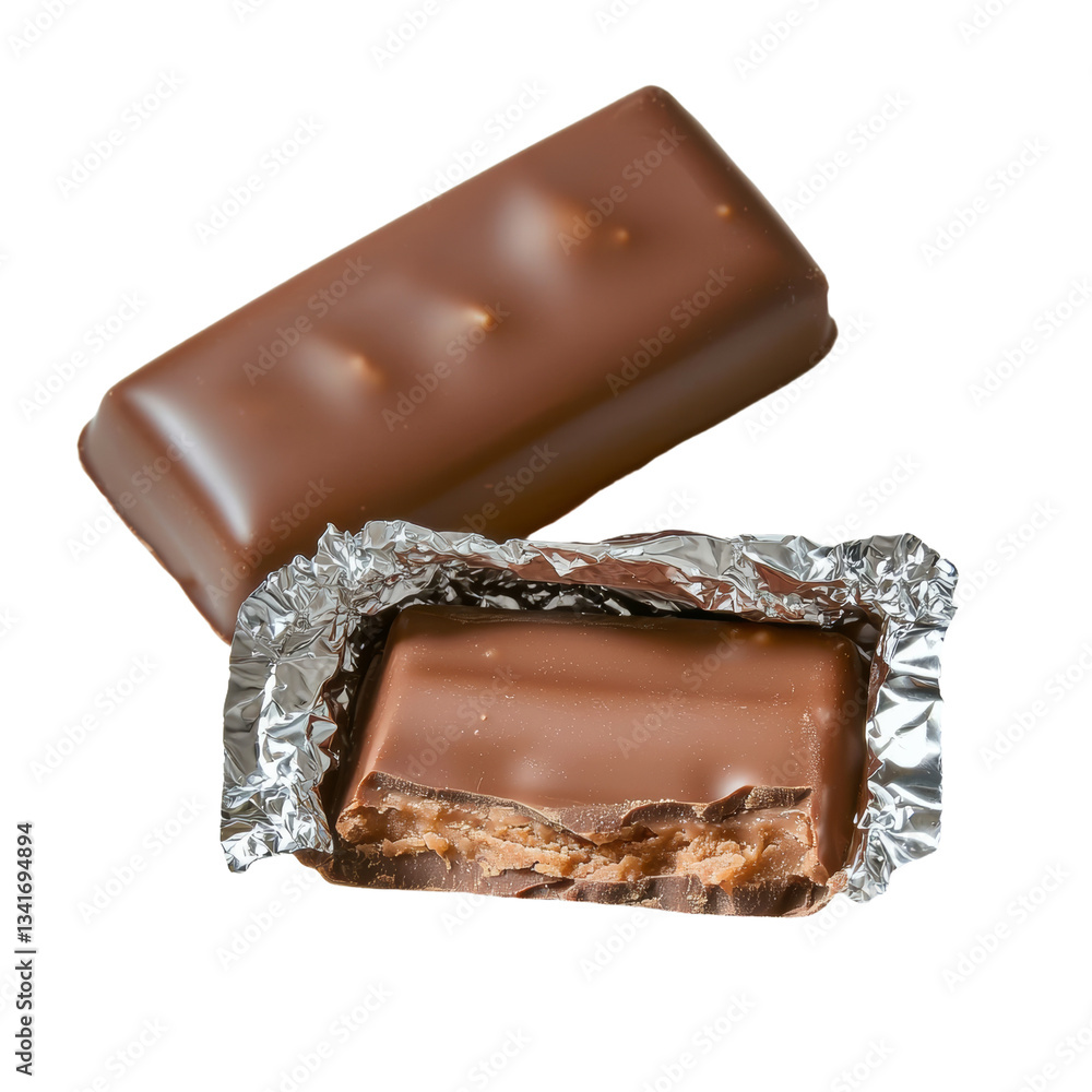 Poster a chocolate bar wrapped in foil packaging is shown isolated on a transparent background, created usi