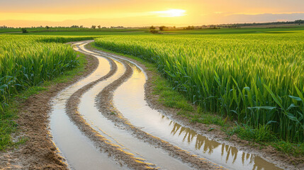 Naklejka premium Sunset over a Rural Wheat Field with a Muddy Track