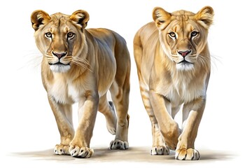 Obraz premium Two lions walking on a white background