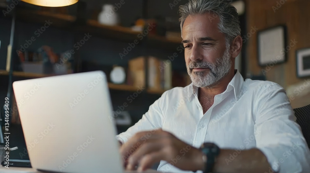 Poster a business owner on a video call with clients, using their laptop in a small office.