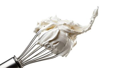Whipped cream clings delightfully to a stainless steel wire whisk