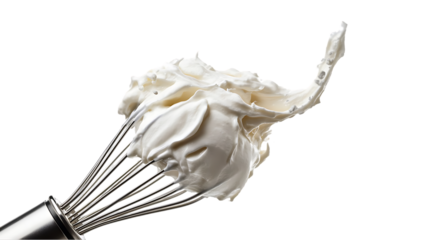 Whipped cream clings delightfully to a stainless steel wire whisk