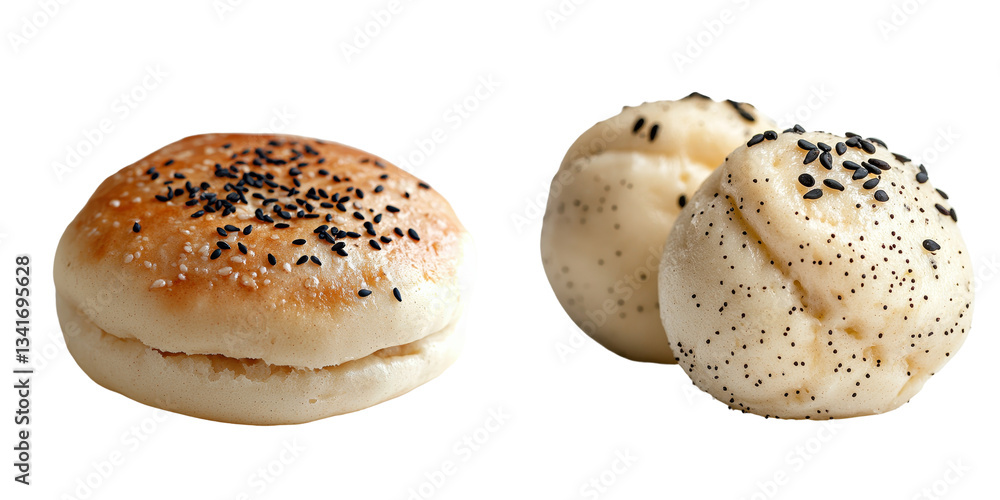 Poster on a transparent background, a brown bun with black sesame seeds on top has been generated by genera
