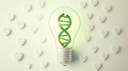 Green Dna Helix Inside Glowing Lightbulb with White Hearts on White Background