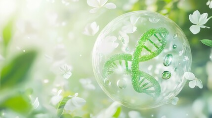 Green DNA Strand Inside Transparent Sphere with White Flower Petals Soft Light Background