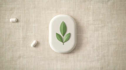 Green Leaf on White Oval Stone with Beige Textured Background and Pills