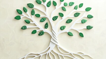 Green Leaf Tree Wall Art on White Wooden Background