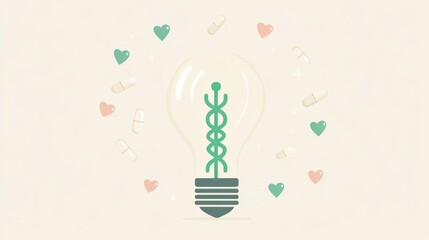Green Medical Symbol Inside Lightbulb with Pastel Hearts and Pills Pixel Art Illustration