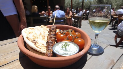 Grilled Meat Skewer with Pita and Roasted Tomatoes, Tzatziki Sauce, Outdoor Summer Dining