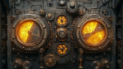 Grunge Steampunk Machinery with Glowing Orange Cogs and Gears