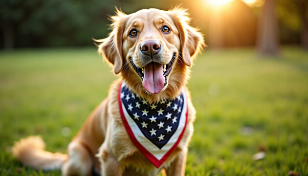 Cheerful golden retriever wearing American flag bandana smiling in park at sunset
