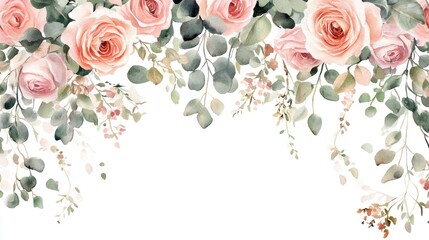A modern watercolor floral design showcasing elegant pink roses, trailing eucalyptus vines