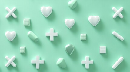 Pastel Green Background with White Hearts and Geometric Shapes