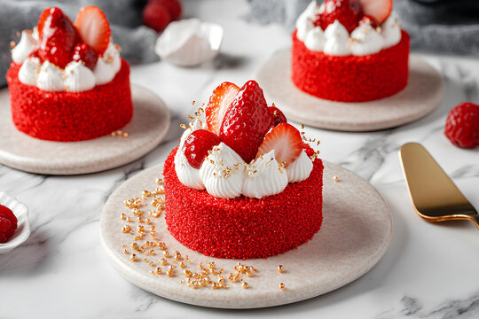 Closeup of a delicious strawberry cake on the table, showcasing the fresh strawberries and smooth frosting, perfect for dessert lovers