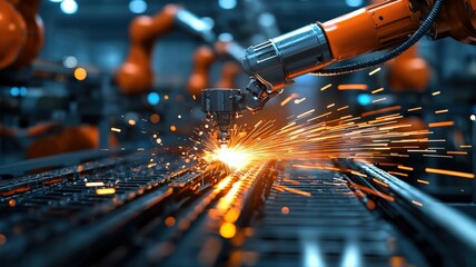 Automated robotic welder assembling intricate stainless steel piping for an industrial refinery, futuristic