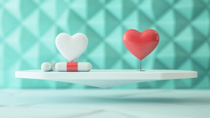 Red and White Heart Shapes with Pills on a Floating Platform, Turquoise Background