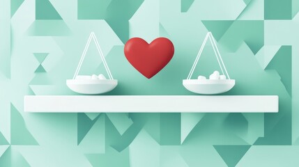 Red Heart Balanced on White Scales Against Mint Green Geometric Background